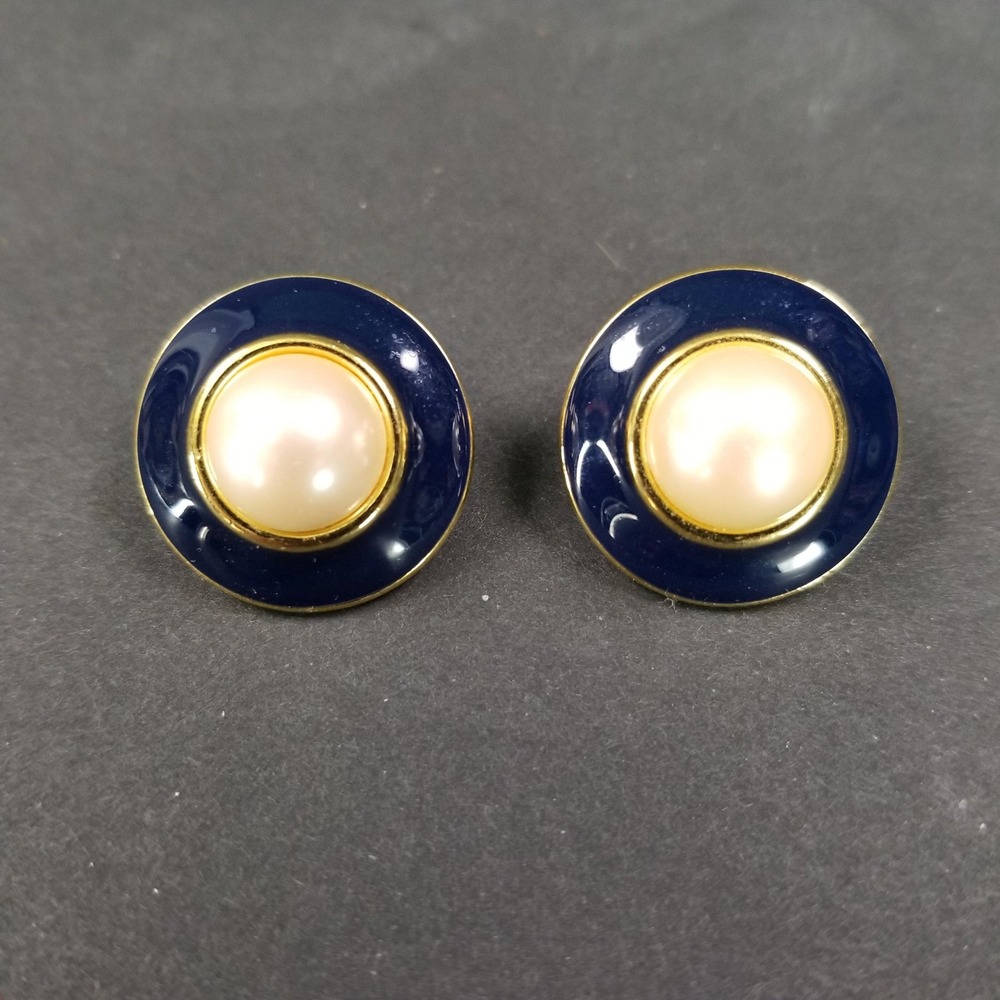 Vintage Style Navy Blue Enamel Faux Pearl Gold Tone Round Button Stud Earrings